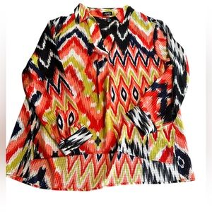 Jones New York Sheer Ikat Print Blouse XL Oversized Boho Tunic Top Artsy Spring